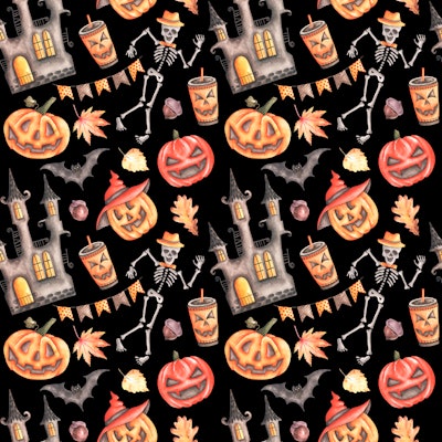 Halloween watercolor seamless pattern. Halloween carved pumpkins. Scary castle. Skeleton. Halloween ...