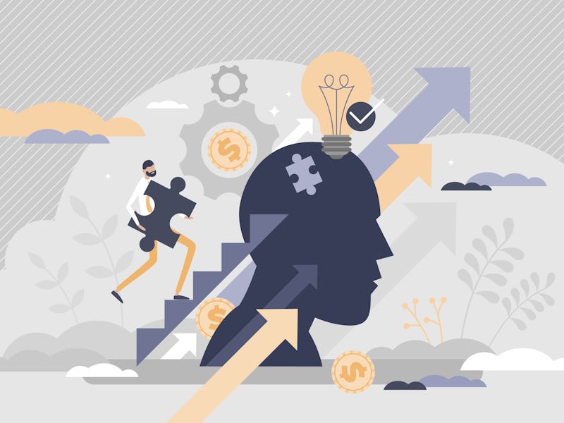 Upskilling learn as work educational qualification rise tiny person concept. Employee training and c...