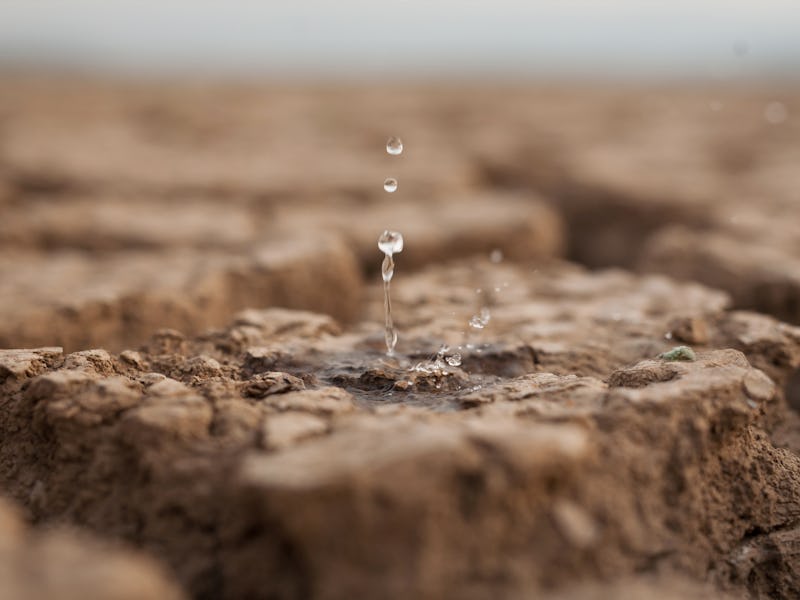 Water drop to dry cracked land metaphor lack of rain, water crisis, Climate change and Environmental...