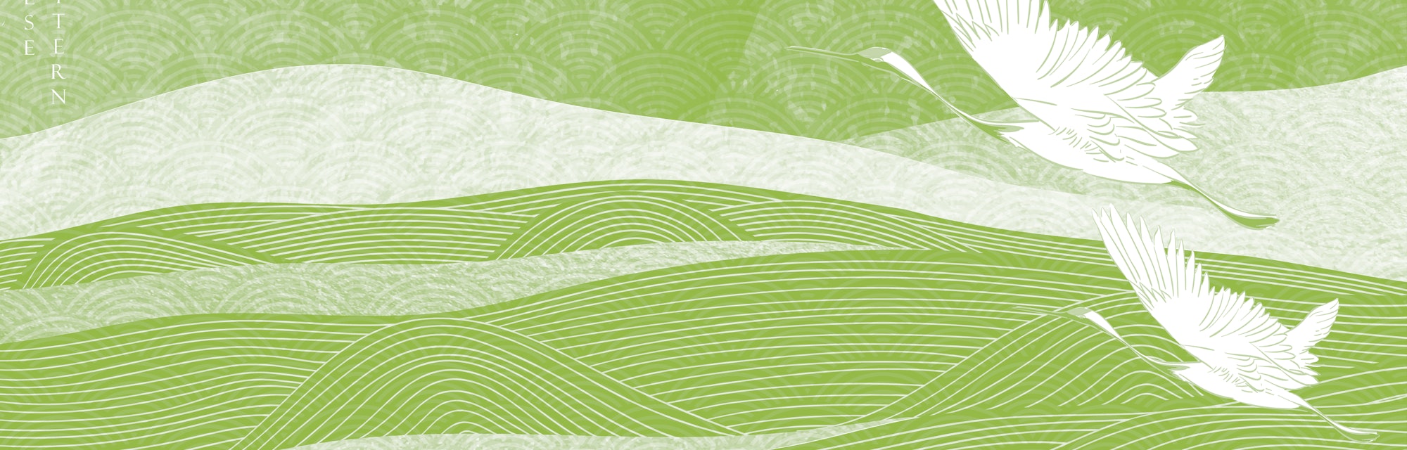 Art landscape background with gold texture vector. Japanese hand drawn wave pattern with crane birds...