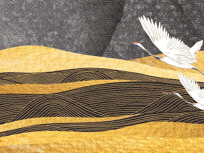 Art landscape background with gold texture vector. Japanese hand drawn wave pattern with crane birds...