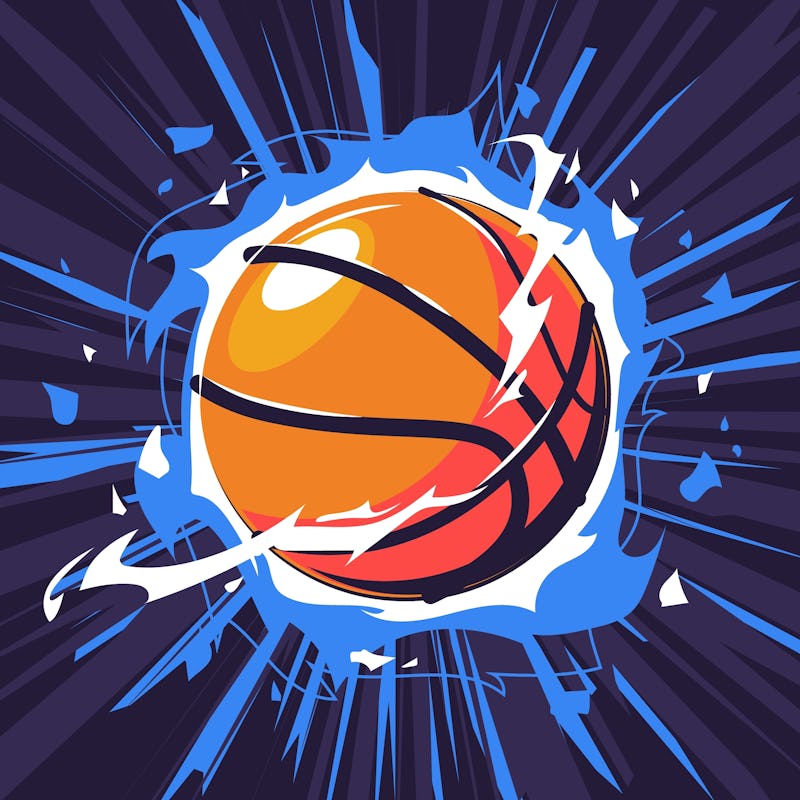 Vector illustration of a basketball on fire, with a dynamic dark background, a flaming basketball, e...