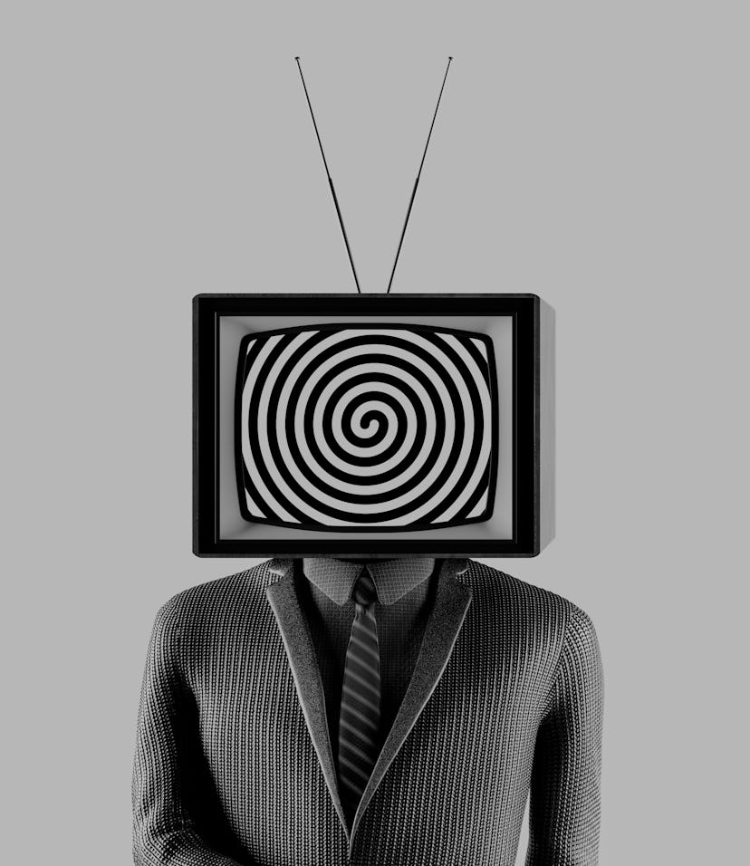 Business man with an old tv instead of head. Mass media addiction. Television manipulation and crowd...