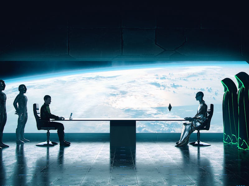 Humans and Aliens at the table of the diplomacy discussing how to live together peacefully in the ga...