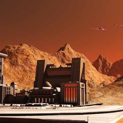 Mars Landscape 3D illustration - Three spacecraft fly near an installation habitat on the red planet...