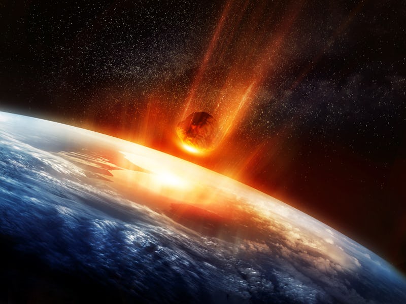 A large Meteor burning and glowing as it hits the earth's atmosphere. 3D illustration.