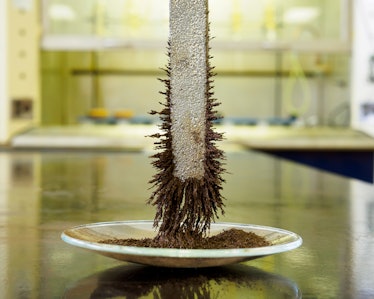 Physics of magnetic metals. Magnet with iron filings attached to the magnet in a laboratory setting.