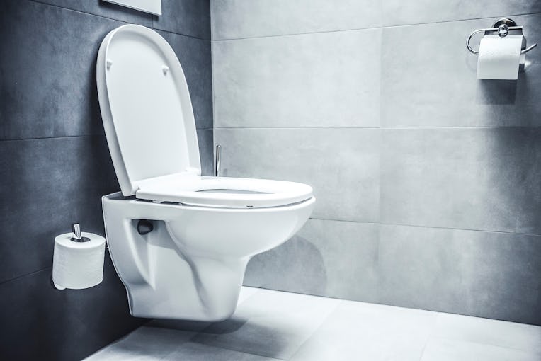 Ceramic white toilet bowl near grey wall, side light in the modern bathroom