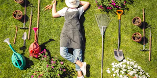 Gardening Gardener Girl Relaxed Lying Green Grass, Surrounded Gardening Tools With Plants Workplac...