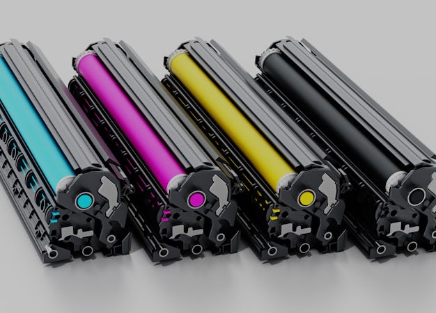 Stack of laser printer CMYK toners. 3D illustration.