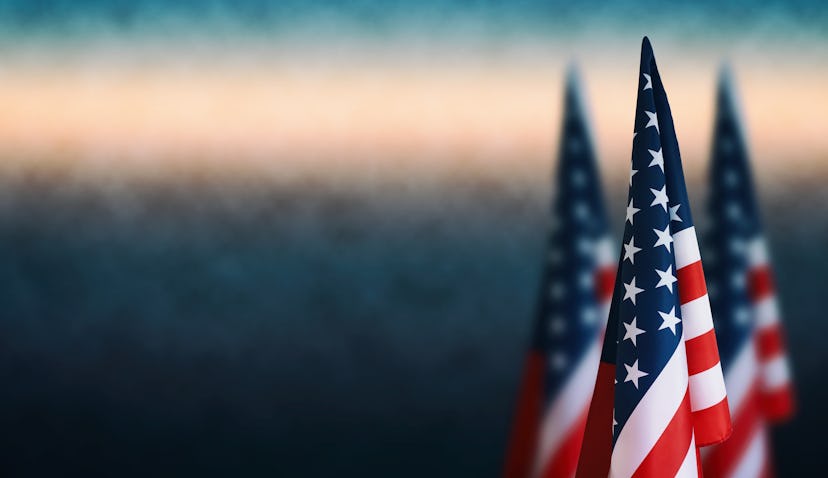 Happy Veterans Day background, American flags against a blue fog background, November 11, American f...