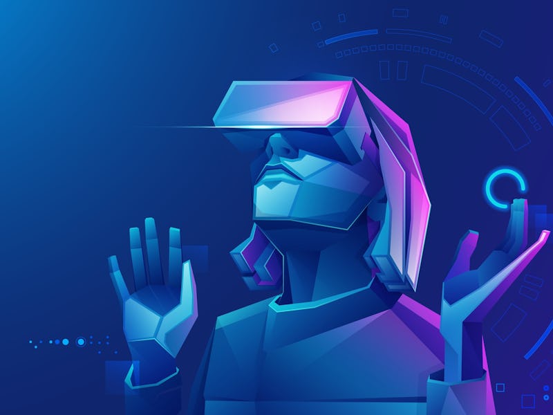 concept of virtual reality technology, a graphic of a teenage gamer wearing a VR head-mounted playin...