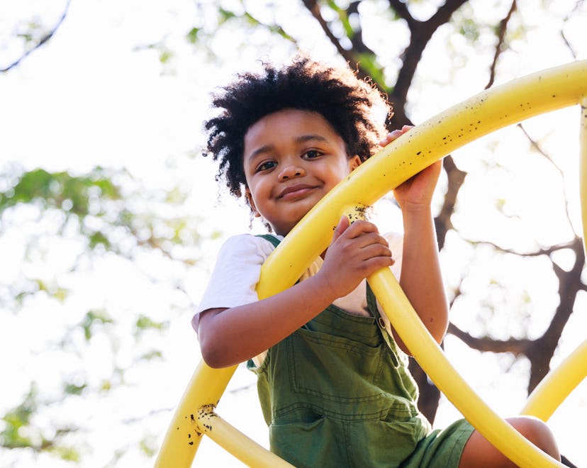 Cute African American little kid boy having fun while playing on the playground in the daytime in su...