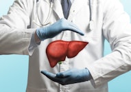 Image of a doctor in a white coat and liver above his hands. Concept of healthy liver and donation.
