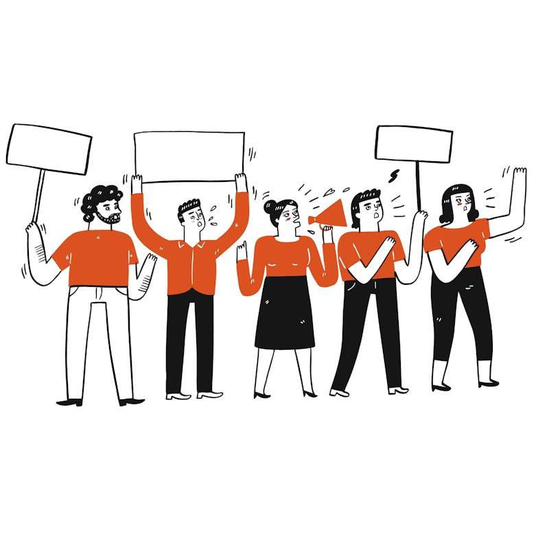Collection of hand drawn a group of people doing protest.Vector illustrations in sketch doodle style...