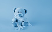 Blue teddy bear with scarf on blue background. Blue monday concept.