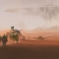 A group of armed forces walking in the desert. In the distance is a huge alien mothership floating i...