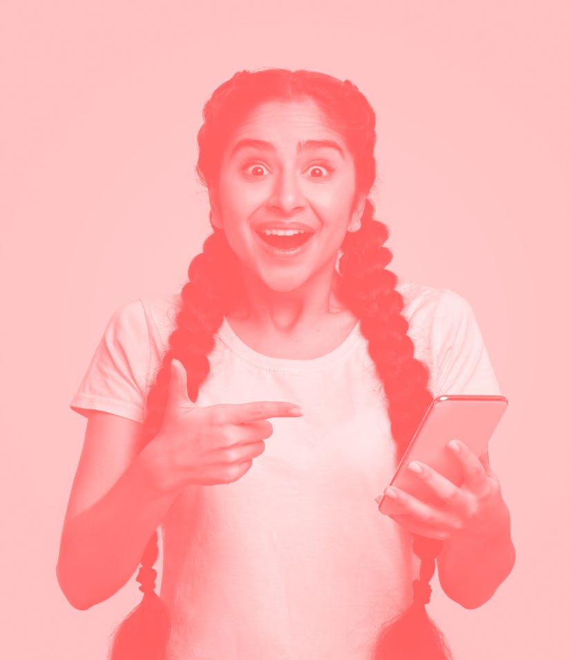 Yes, Great News. Portrait Of Excited Indian Woman Celebrating Win, Using Smartphone And Pointing At ...