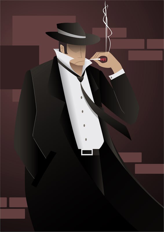 Illustrated private investigator with a black hat, unbuttoned shirt and cigarette