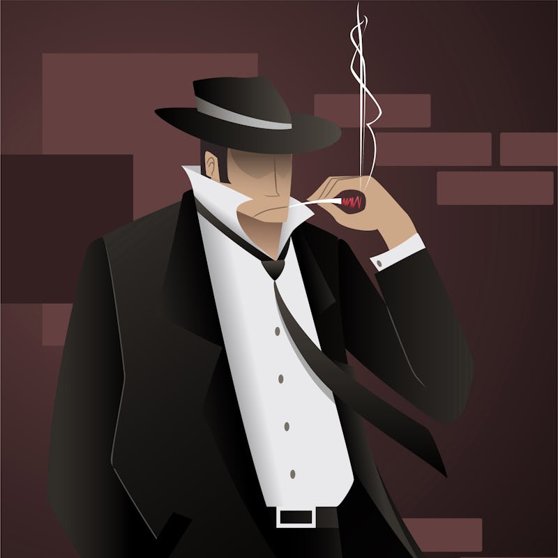 Illustrated private investigator with a black hat, unbuttoned shirt and cigarette