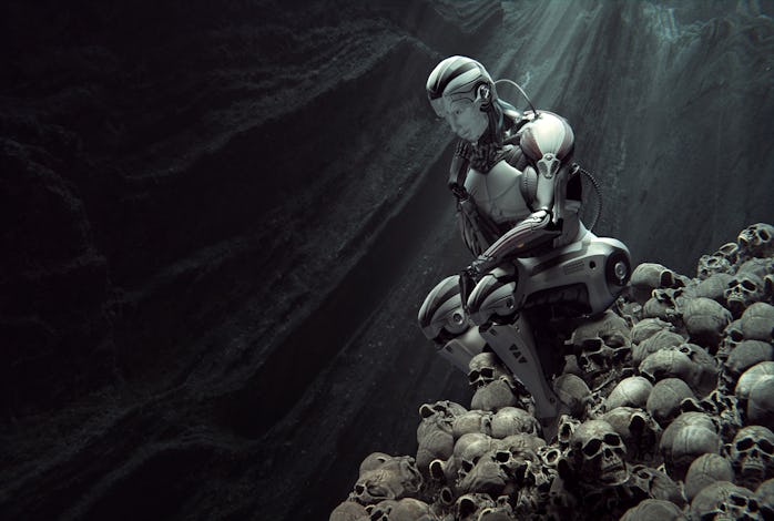 A cyborg in thinker pose sitting on heap of human skulls inside a cave. Light rays from the top. Art...