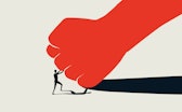 David vs Goliath business concept with small man fighting big fist. Standing up to bullies and oppre...