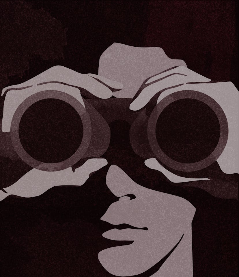 Illustration of a man watching out with binoculars. Private detective or undercover cop investigati...