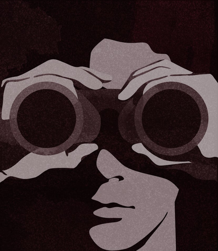 Illustration of a man watching out with binoculars.  Private detective or undercover cop investigati...