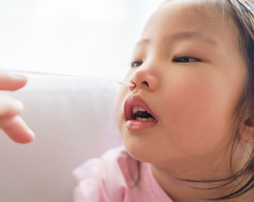 Adorable Asian girl kid getting swab test at home by her parent. Rapid self test for covid-19, Antig...