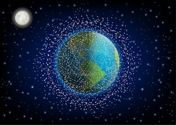 Space debris in orbit around the Earth, vector illustration. Space junk, garbage ring around planet ...