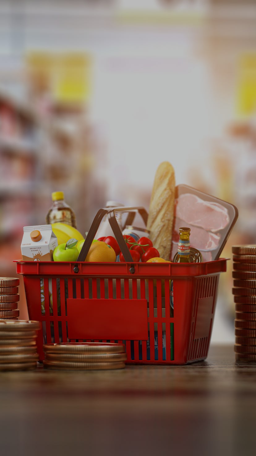 Growth of food sales or growth of market basket or consumer price index concept. Shopping basket wit...
