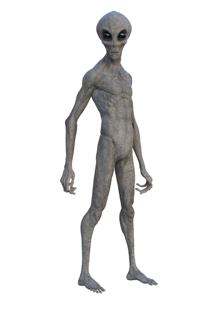 Grey Alien standing upright. 3D render isolated on white.