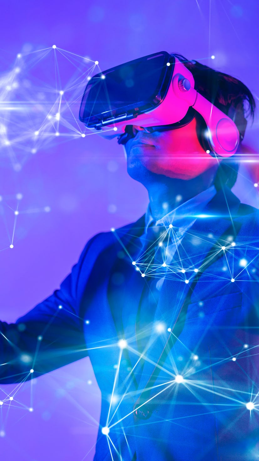 Metaverse digital cyber world technology, man with virtual reality VR goggle playing AR augmented re...
