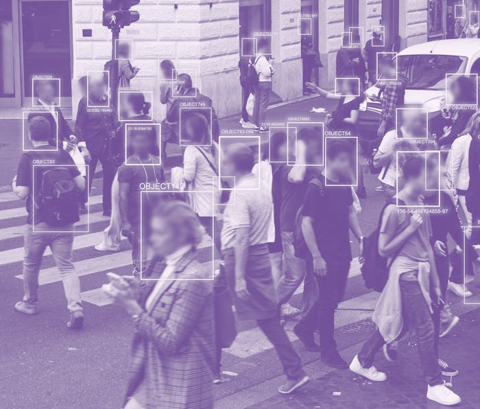 Face detection and recognition of citizens people, AI collect and analyze human data. Artificial int...