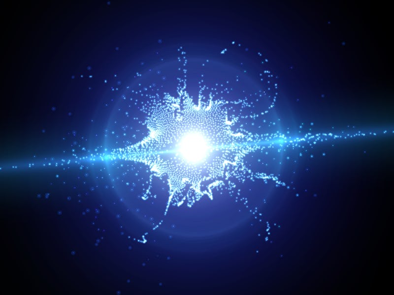 Structure explosion from light particles. Complex vector illustration, large amount of objects.