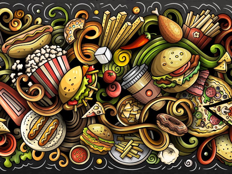 Fastfood hand drawn cartoon doodles illustration. Fast food funny objects and elements poster design...