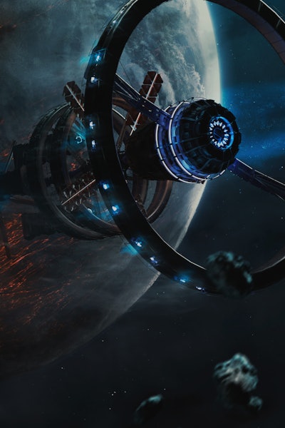 Futuristic space station in deep space. Sci-fi wallpaper. This image elements furnished by NASA