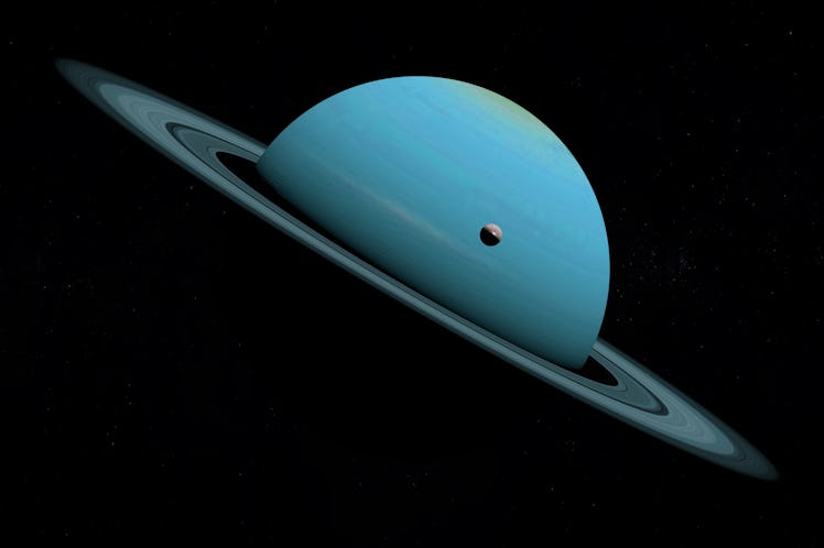 Satellite Ariel or Uranus I orbiting around Uranus planet. 3d render