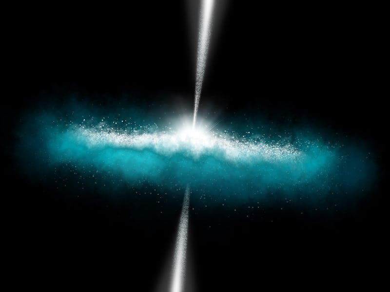 Galaxy with jets. Black hole in center of galaxy. Interstellar background. Space illustration.