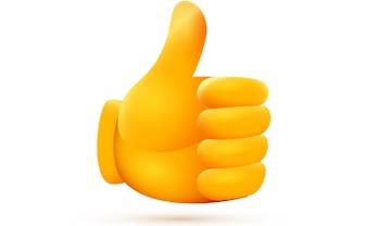 Vector illustration of yellow color thumb up emoticon on white background. 3d style design of approv...