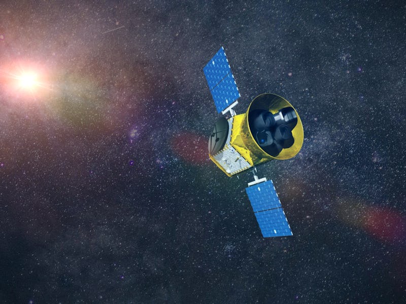 Transiting Exoplanet Survey Satellite (TESS) space telescope observing a distant star (3d illustrati...