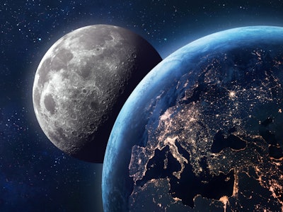 Earth and Moon in space. Earth at night. Moon surface with craters. Planetary Moon. Artemis space pr...