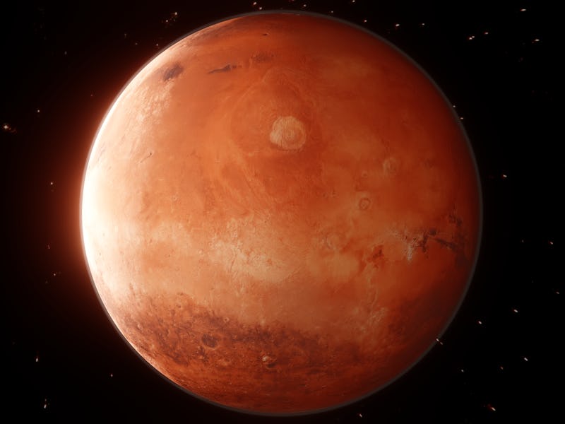 near view of mars, sun lighting surface of a red planet, 3d rendering