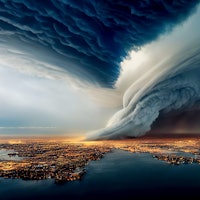 Huge tornado over the city, Storm over the Earth. A view of a large tornado that destroyed an entire...