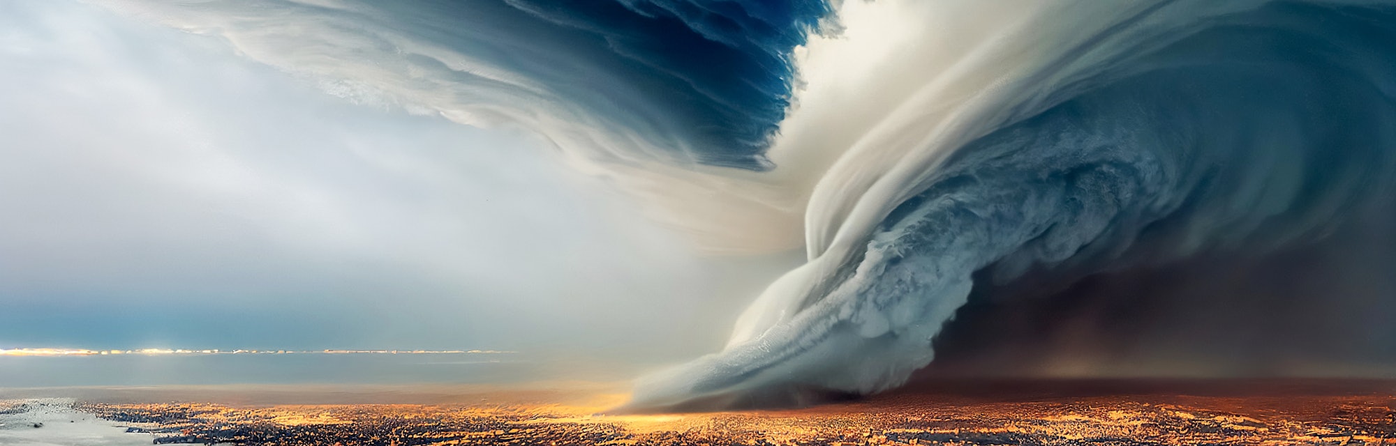 Huge tornado over the city, Storm over the Earth. A view of a large tornado that destroyed an entire...