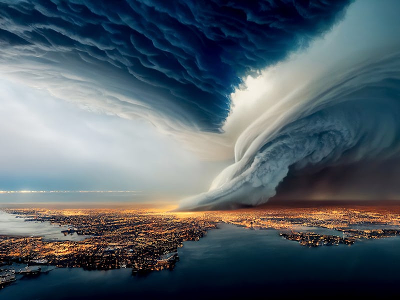 Huge tornado over the city, Storm over the Earth. A view of a large tornado that destroyed an entire...