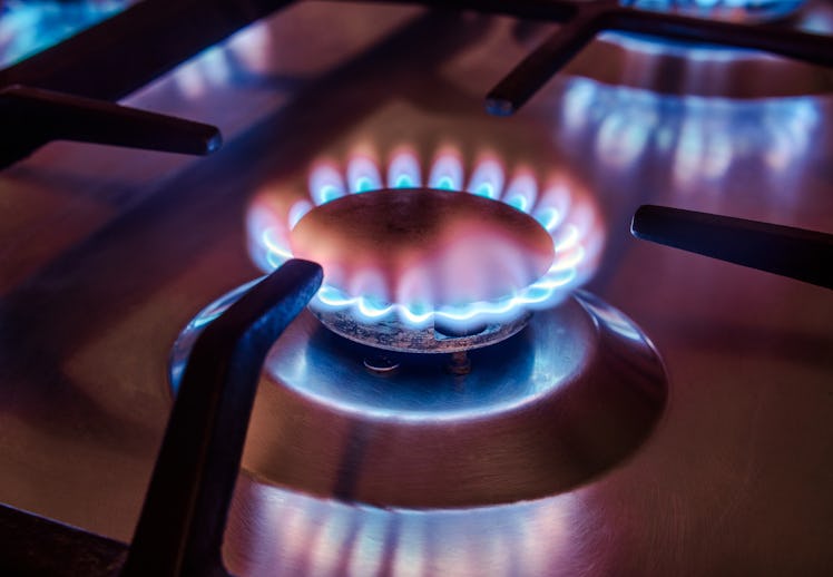 The gas burns in the burner of a kitchen stove.