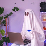 ghost of Halloween uses laptop surf the Internet, browse online stores, markets. A ghost makes an or...