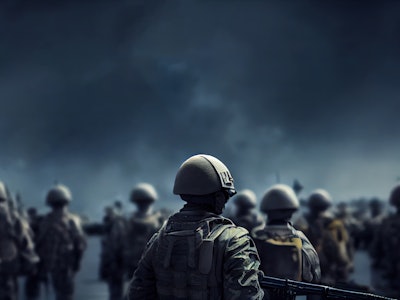 Soldiers walking on the battlefield. Illustration of the army on the move. Post apocalyptic, post wa...