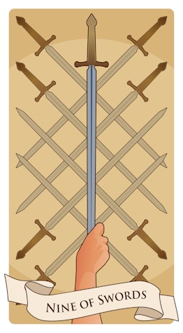 Nine of swords is the card for Aries' Halloween 2022 tarot reading.